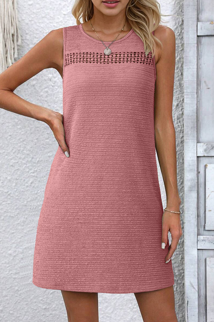 Sepia Rose Solid Color Textured Lace Hollowed Detail Sleeveless Mini Dress