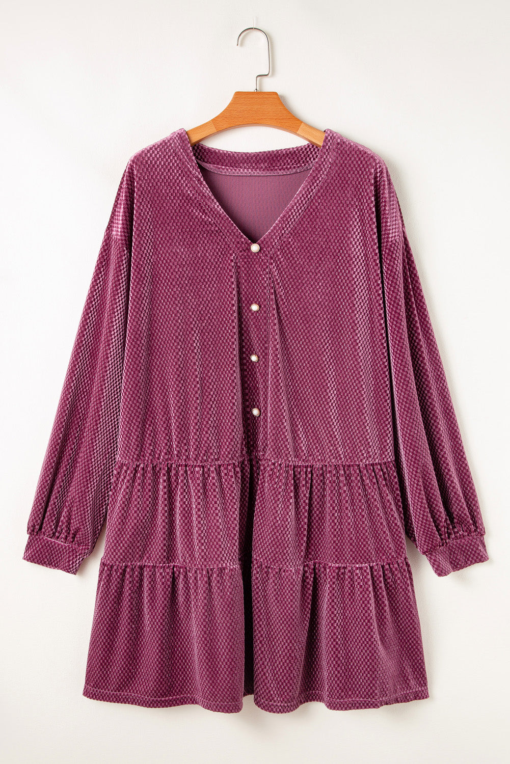 Meadow Mauve Textured Velvet Tiered Buttons Tiered  Plus Size Dress
