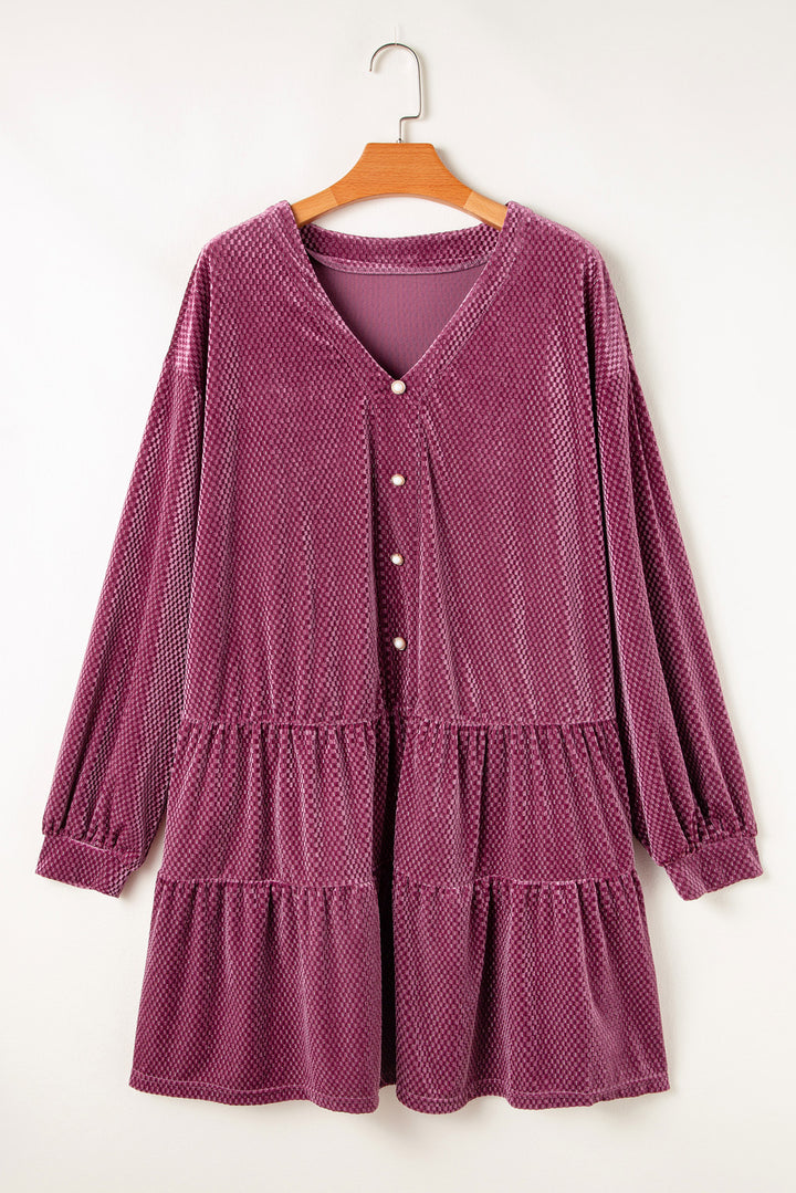 Meadow Mauve Textured Velvet Tiered Buttons Tiered  Plus Size Dress
