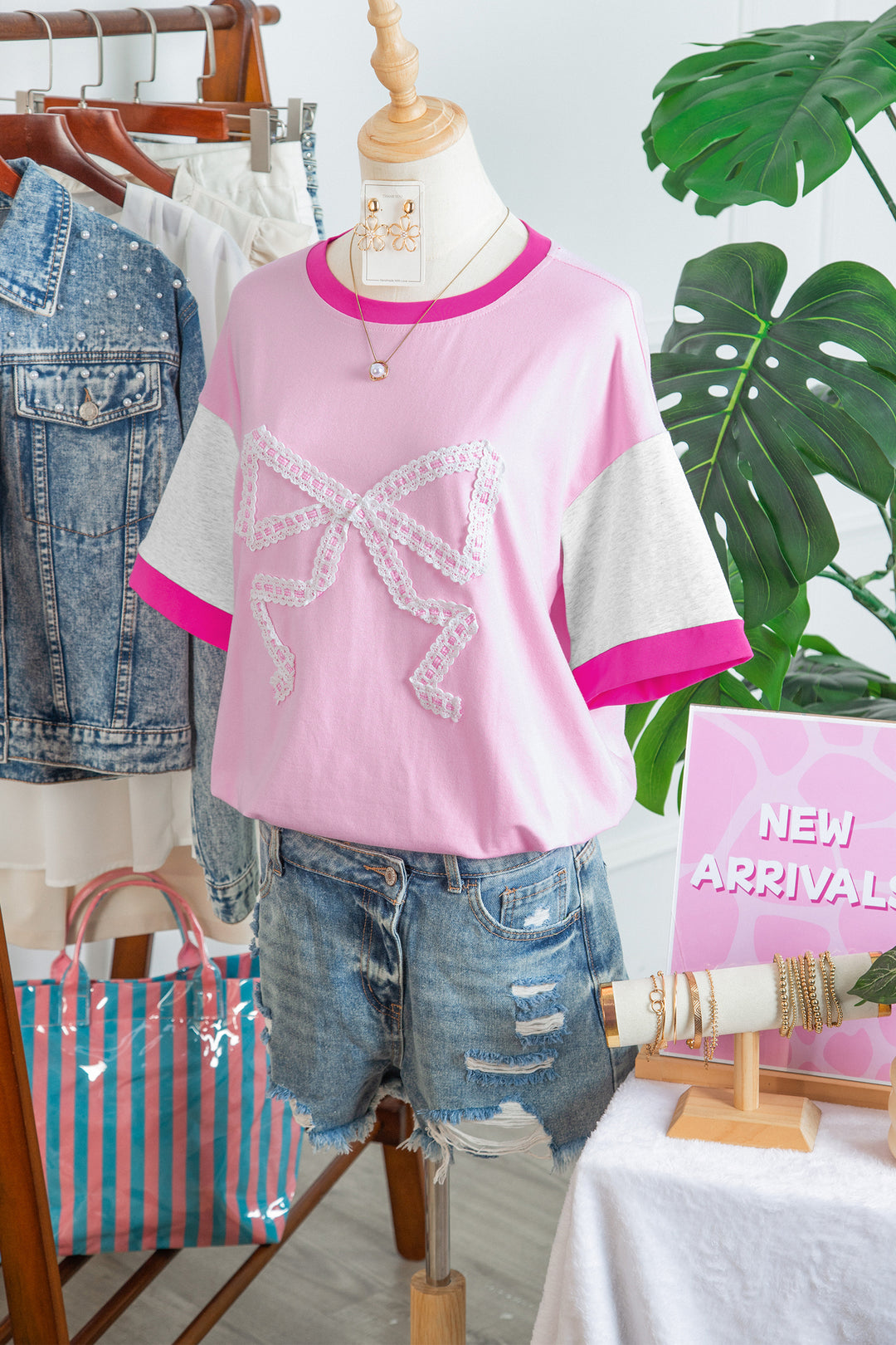 Gossamer Pink Embroidered Bow Detail Color Block Loose Tee