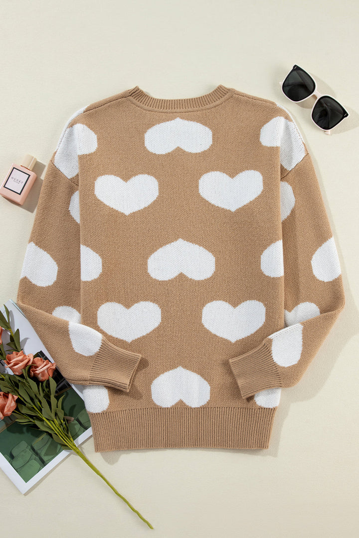 Contrast Heart Pattern Round Neck Sweater