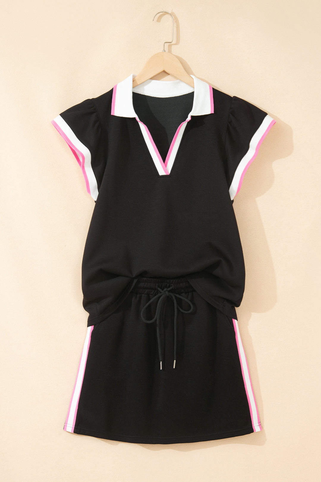 Black Preppy Striped Trim V Neck Polo Tee Drawstring Skort Set