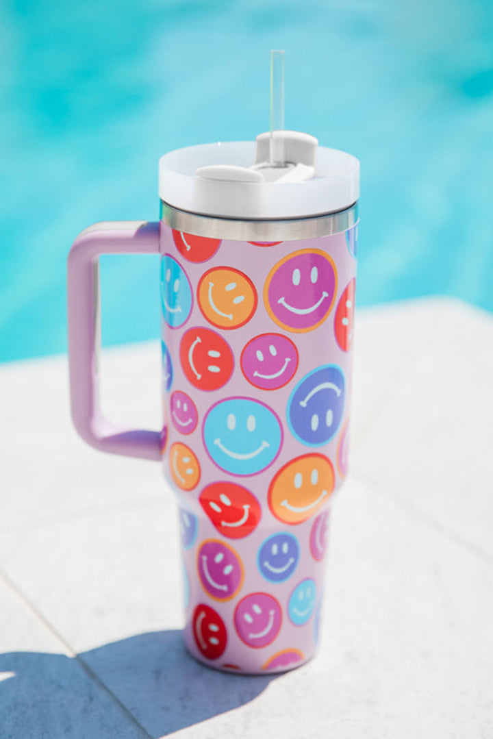 Rainbow Smiley Face Pattern Tumbler with Straw 40oz