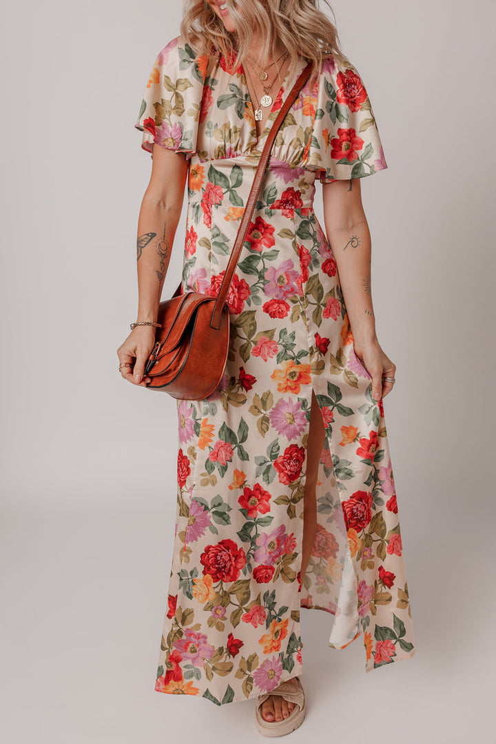 Vintage Floral V Neck Short Sleeve Tie Back Long Slit Dress