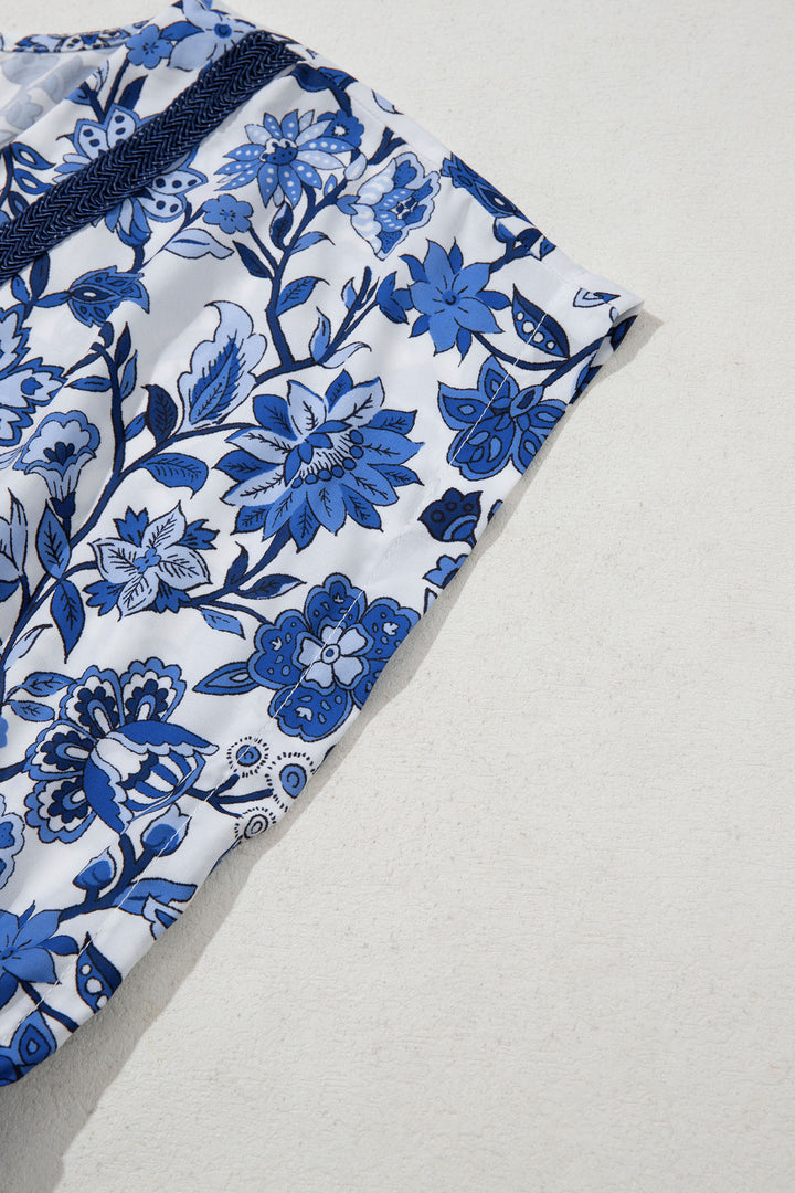 Sky Blue Abstract Print Embroidered Trim V Neck Drawstring High Waist Loose Vacation Dress