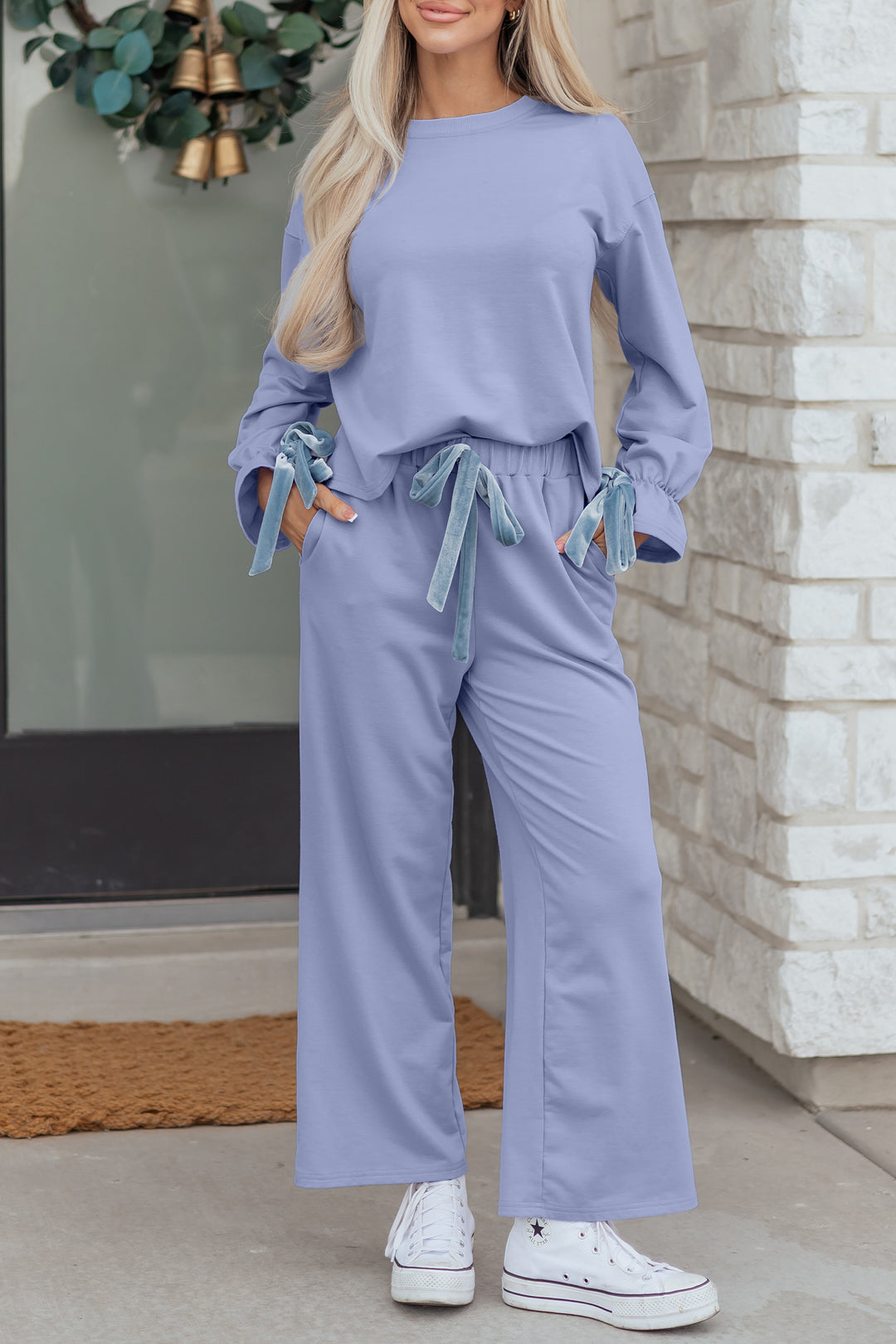Beau Blue Flounce Long Sleeve Top Drawstring Pants Contrast Velvet Bow Knot 2pcs Lounge Set
