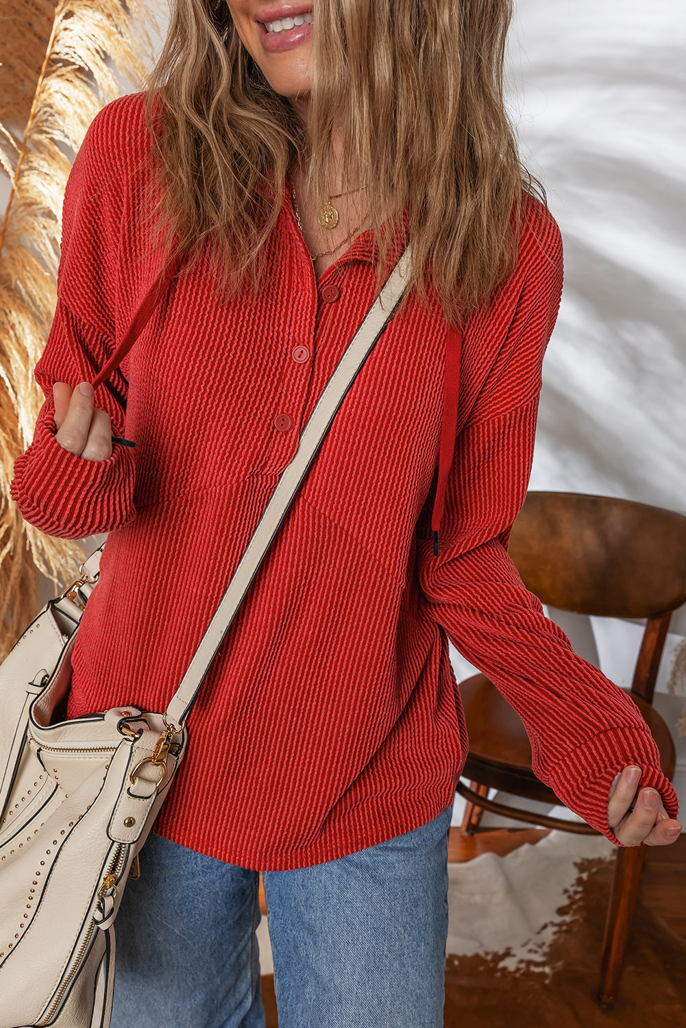 Twist Ribbed Half Button Collared Drawstring Pullover Top