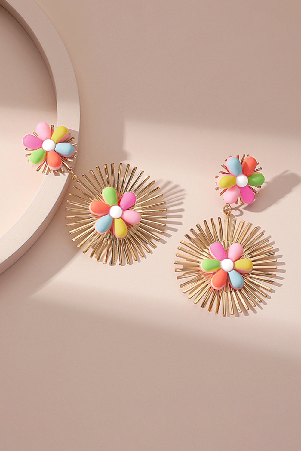 Colorful Flower Gold-pleated Dangle Earrings