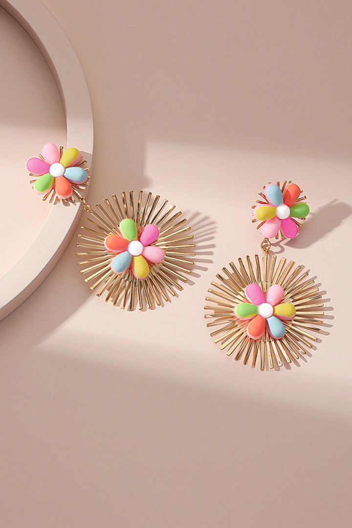 Colorful Flower Gold-pleated Dangle Earrings