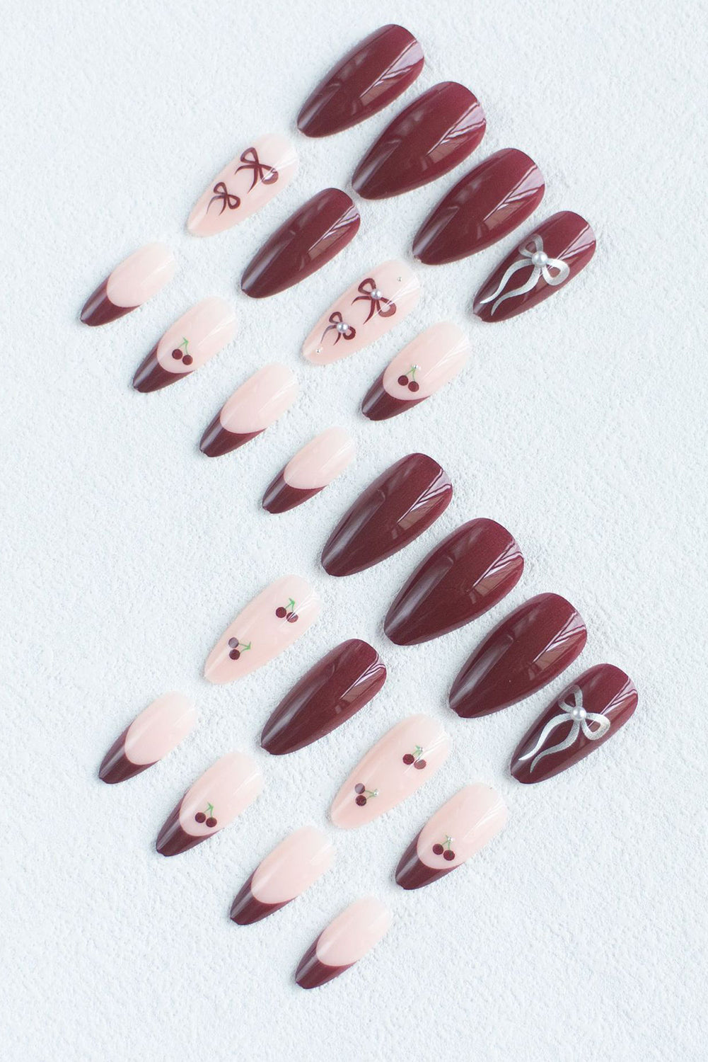 Bow Cherry Pearled Almond Shape Nail Stickers with Jelly Glue