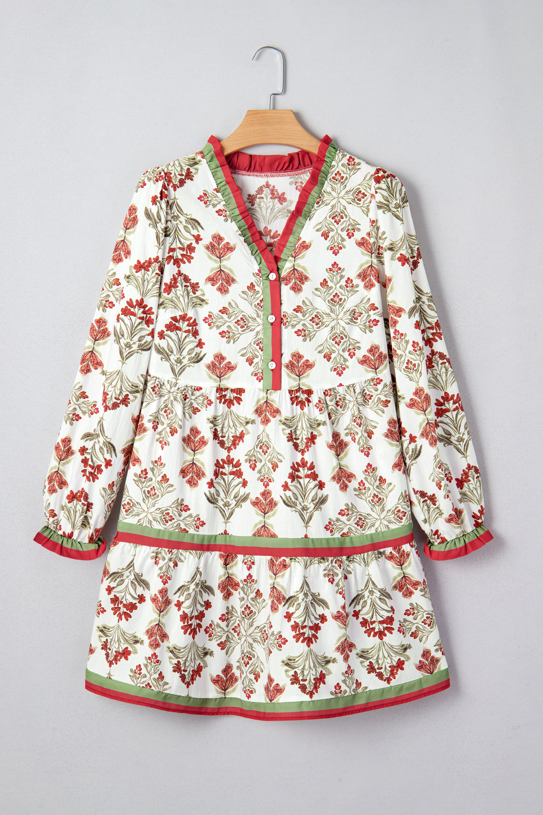 Floral Print Contrast Trim Frilled Neck Long Sleeve Flared Dress