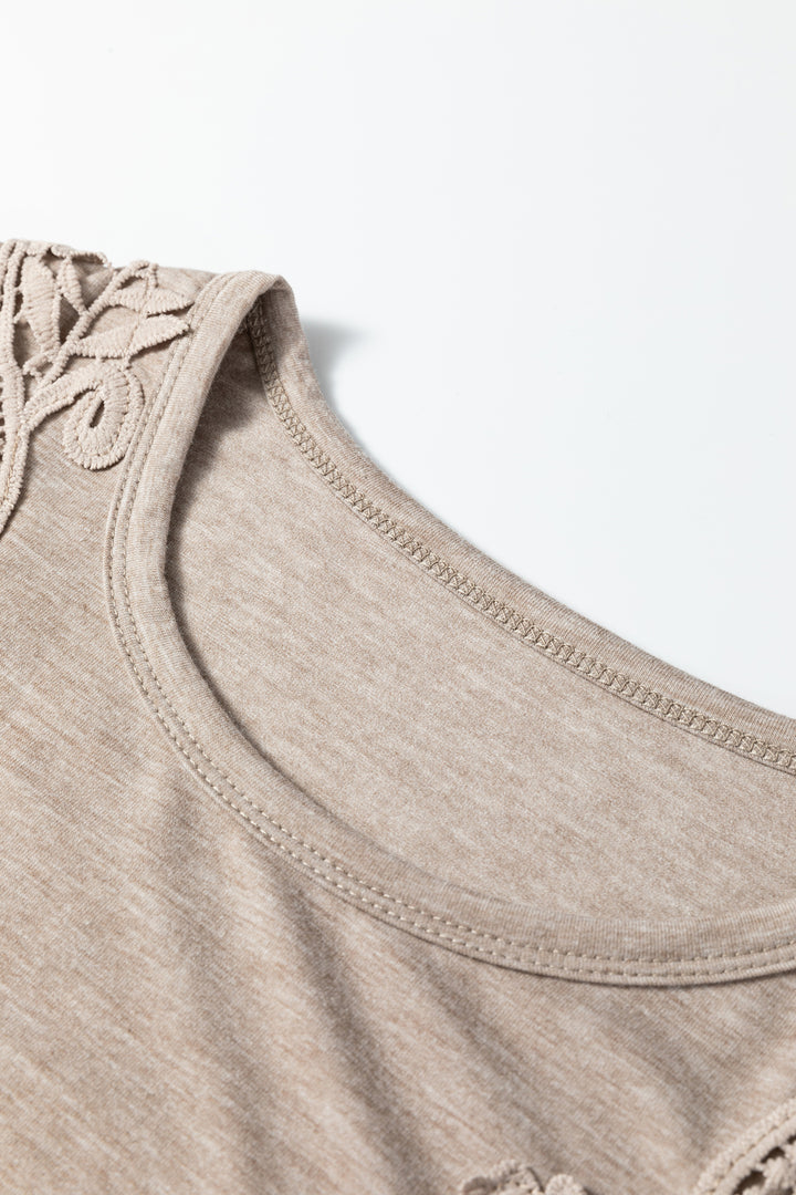 Smoke Gray Solid Color Lace Patched Detail Round Neck Tee