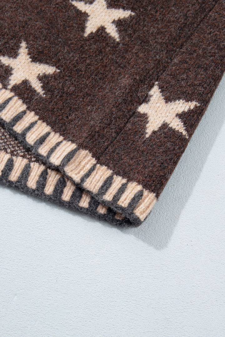 Brown Stars Pattern Colorblock Long Sleeve Shift Wool Cardigan