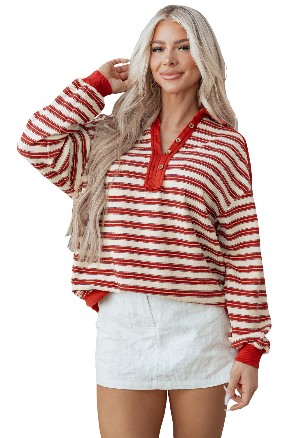 Buttoned V Neck Collared Drop Shoulder Top
