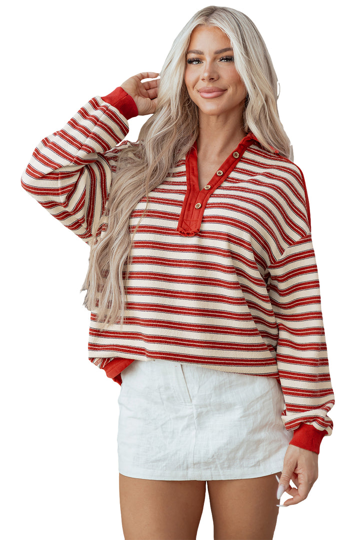 Buttoned V Neck Collared Drop Shoulder Top
