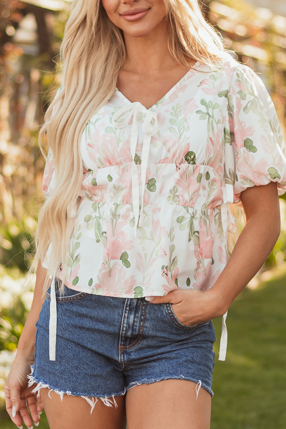 floral puff sleeve v neck tied front peplum blouse
