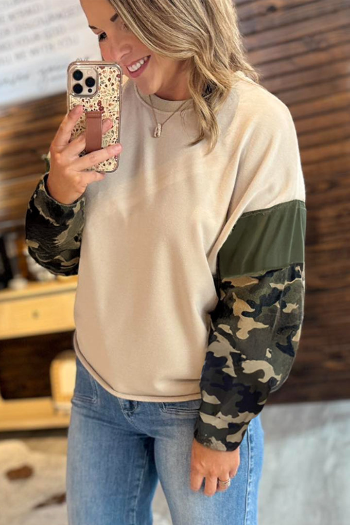 Apricot Camo Print Patchwork Sleeve Raw Hem Plus Size Sweatshirt