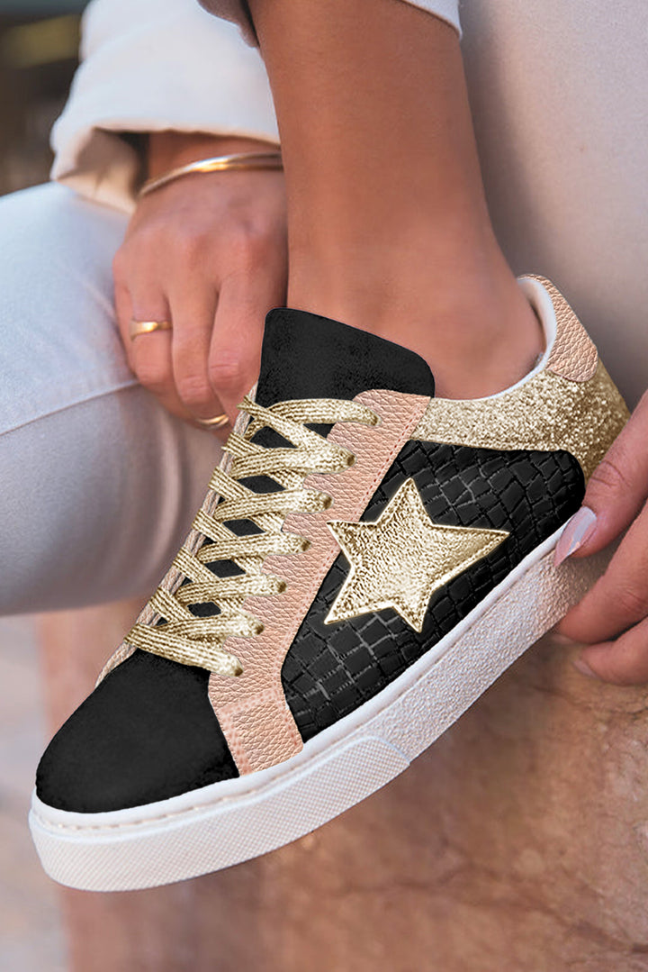 Schnür-Sneakers aus PU-Leder mit Glitzerstern-Patchwork 