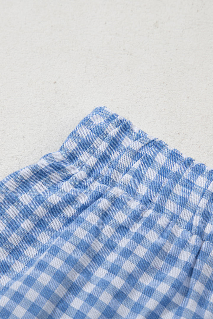 Blue Gingham Printed High Waist Shorts