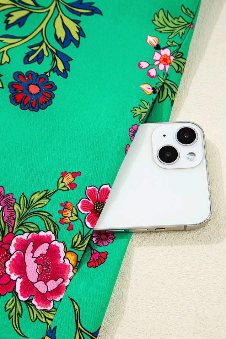 Robe mini boutonnée à volants et manches trois-quarts fleuries