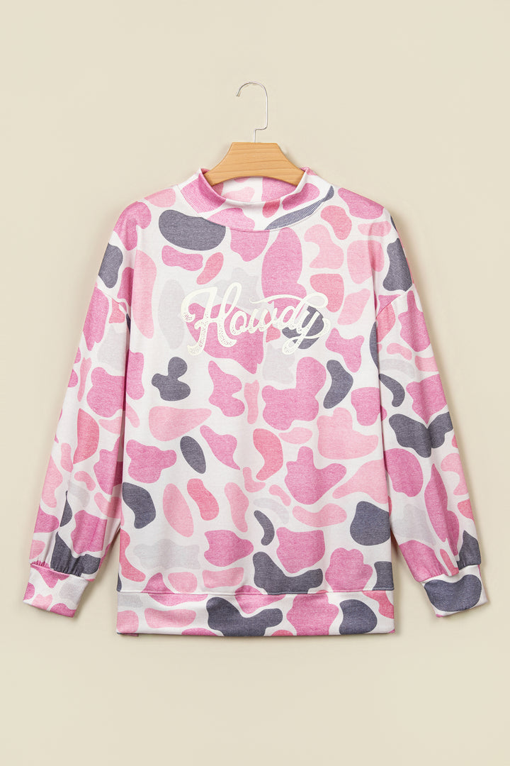Pink Camo Print Howdy Western Style Baggy Pullover Sweatshirt