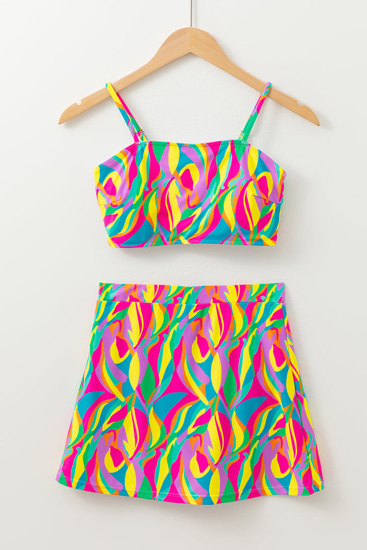 abstract print textured spaghetti strap high waist bikini set