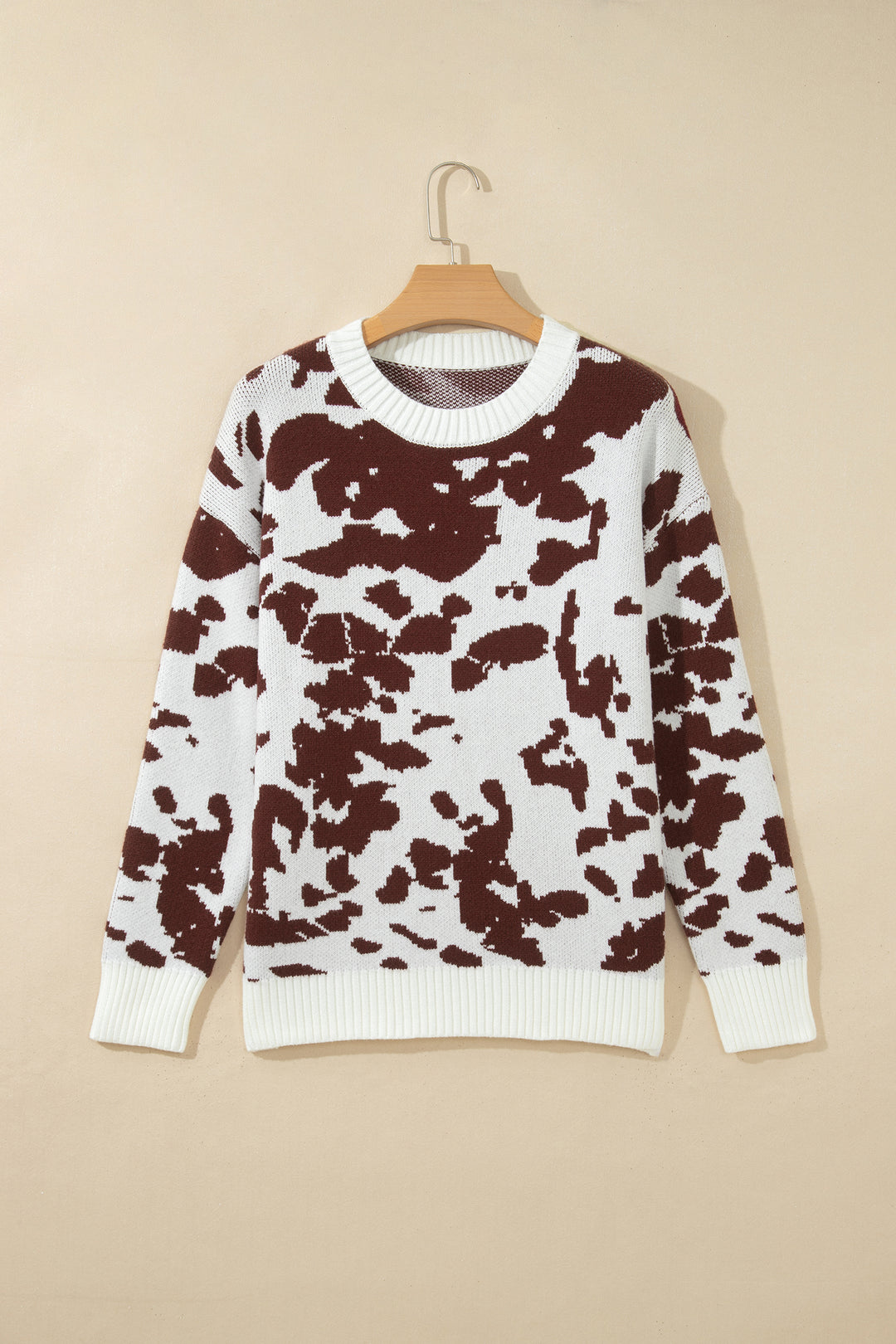 Brown Western Print Cow Pattern Long Sleeve Round Neck Pullover Knitwear Sweater