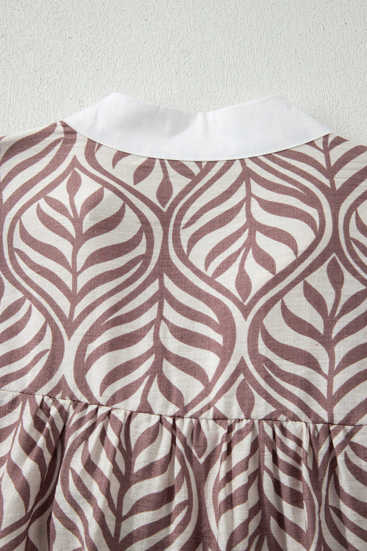 Leaf Print Standing Collar Puff Sleeve Top