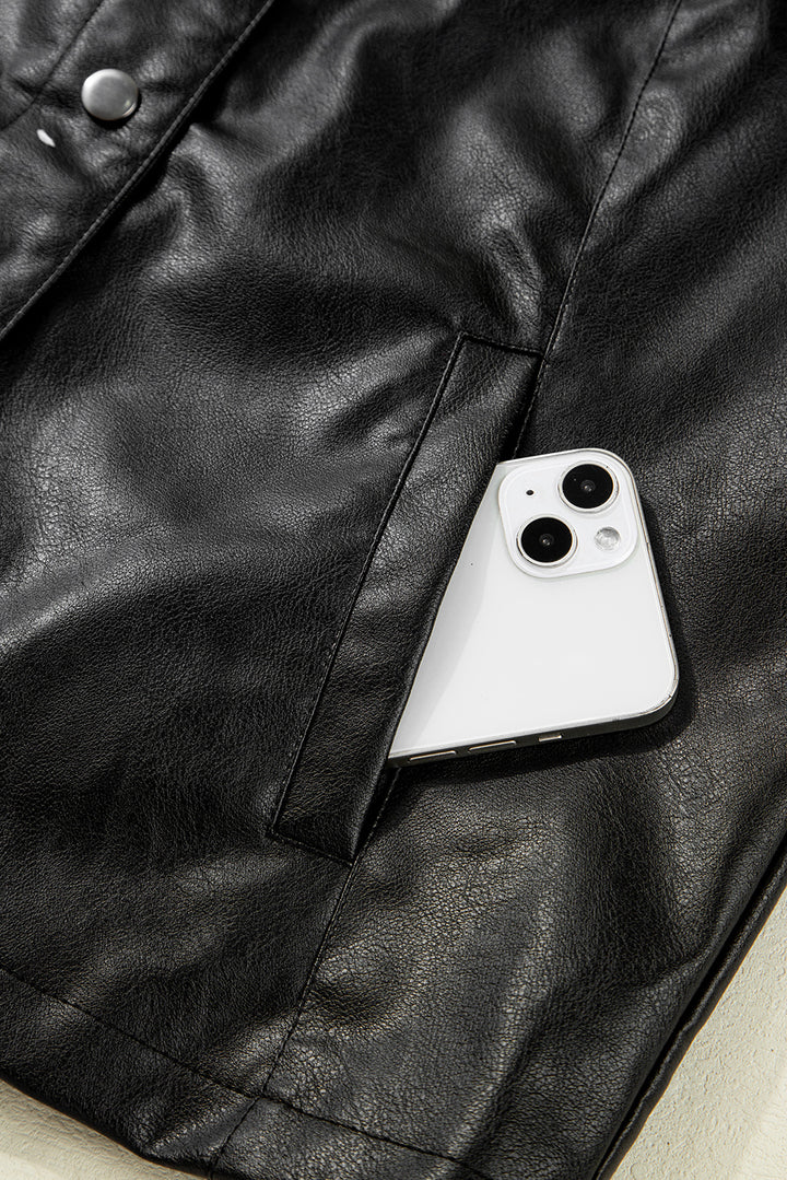 Black Faux Leather Buttoned Front Boxy Jacket