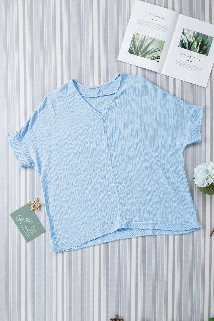 Sky Blue Frayed Batwing Sleeve Textured Cotton Blouse