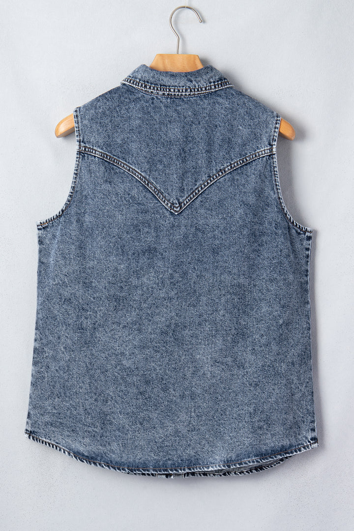 Ashleigh Blue Solid Denim Button Front Pocket Cowboy Vest