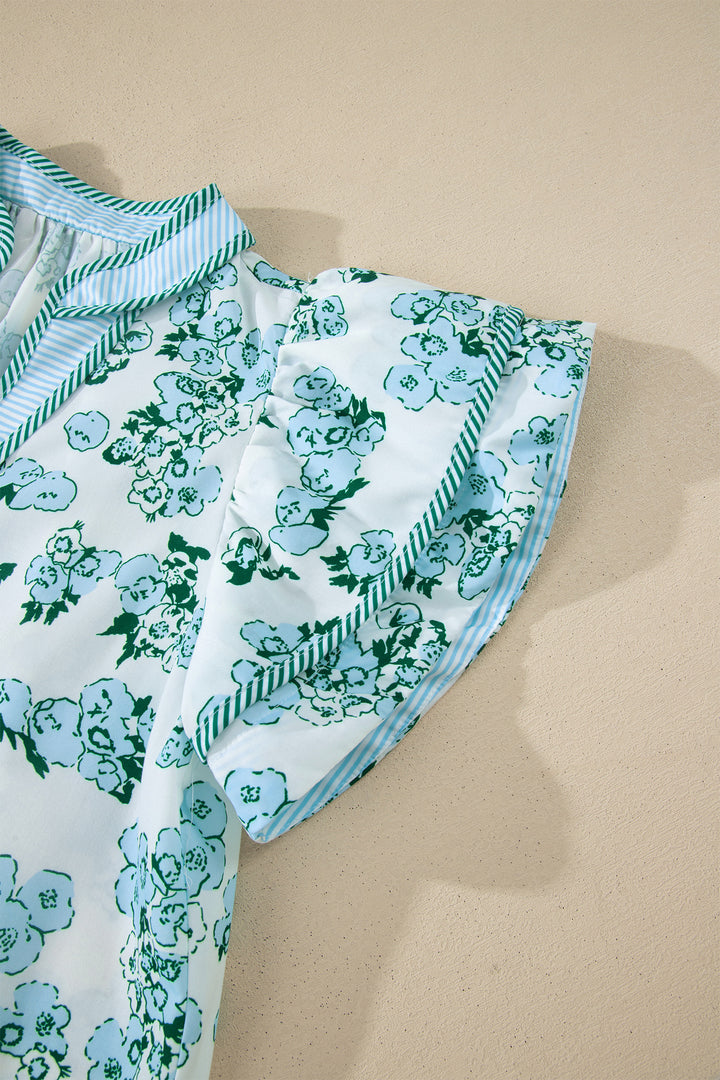 Green Floral Meets Stripes V Neck Flutter Sleeve Blouse