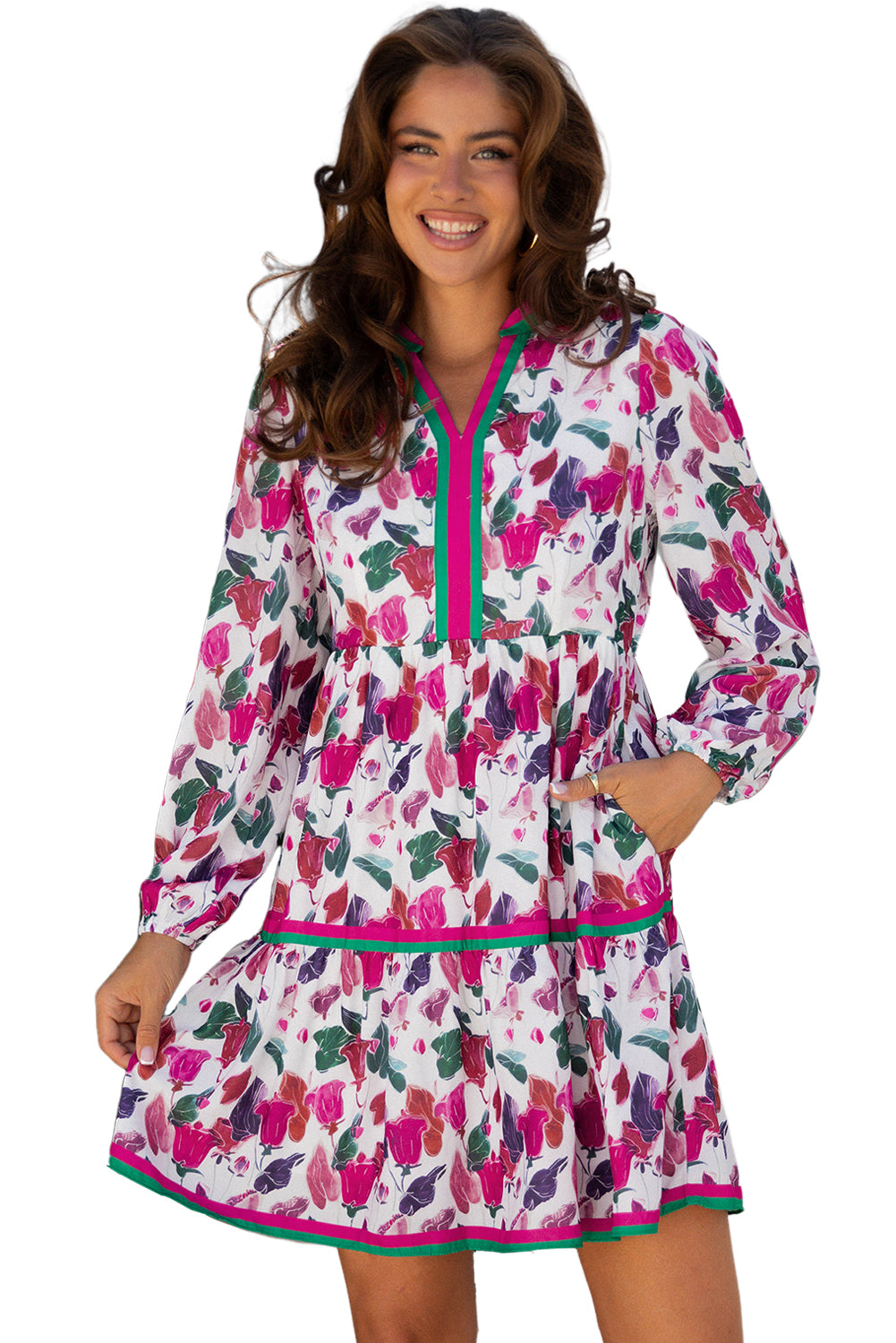 Floral Print Contrast Striped Detail Long Sleeve Mini Dress