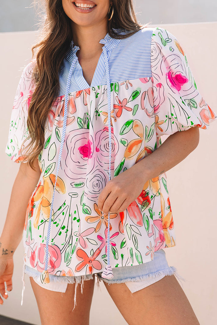 DEARLOVER  Floral Print Striped Yoke Frilled V Neck Puff Short Sleeve Blouse