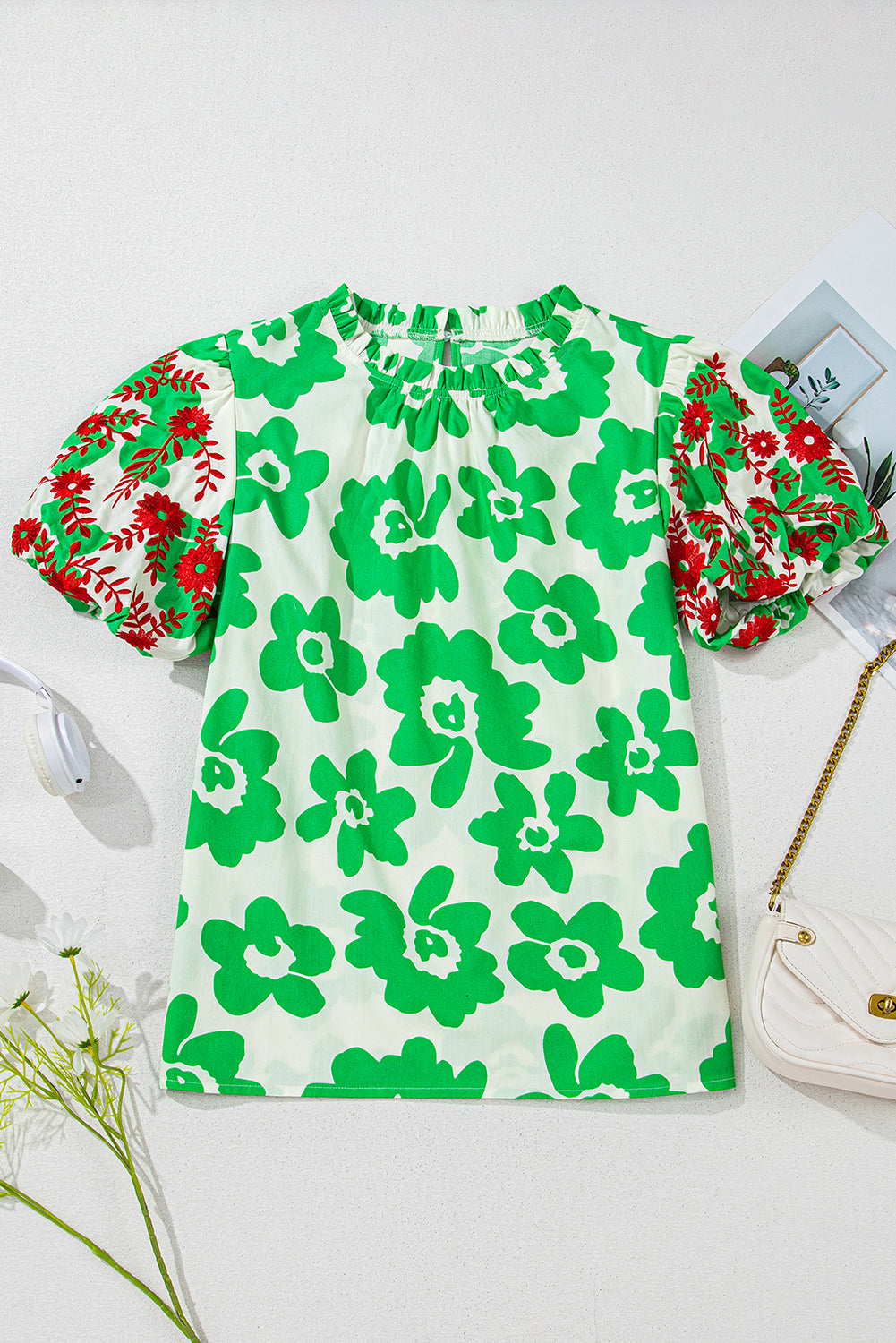Contrast Embroidered Puff Short Sleeve Floral Blouse