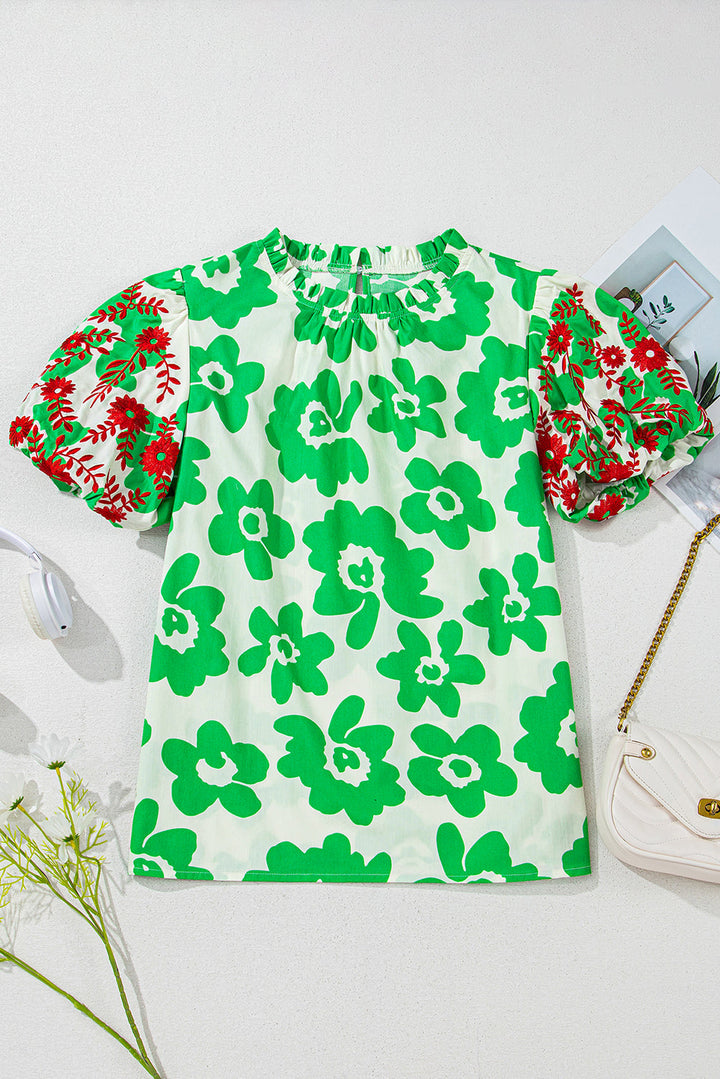 Contrast Embroidered Puff Short Sleeve Floral Blouse