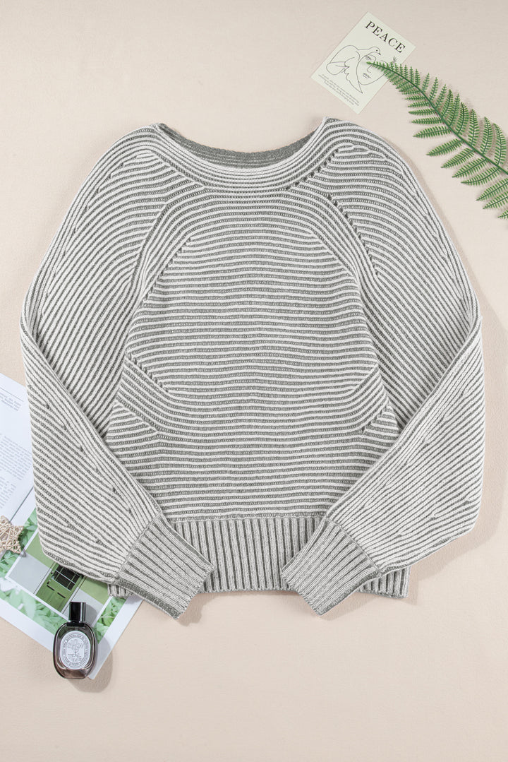 Striped Print Ribbed Knit Boat Neck Baggy Sweater
