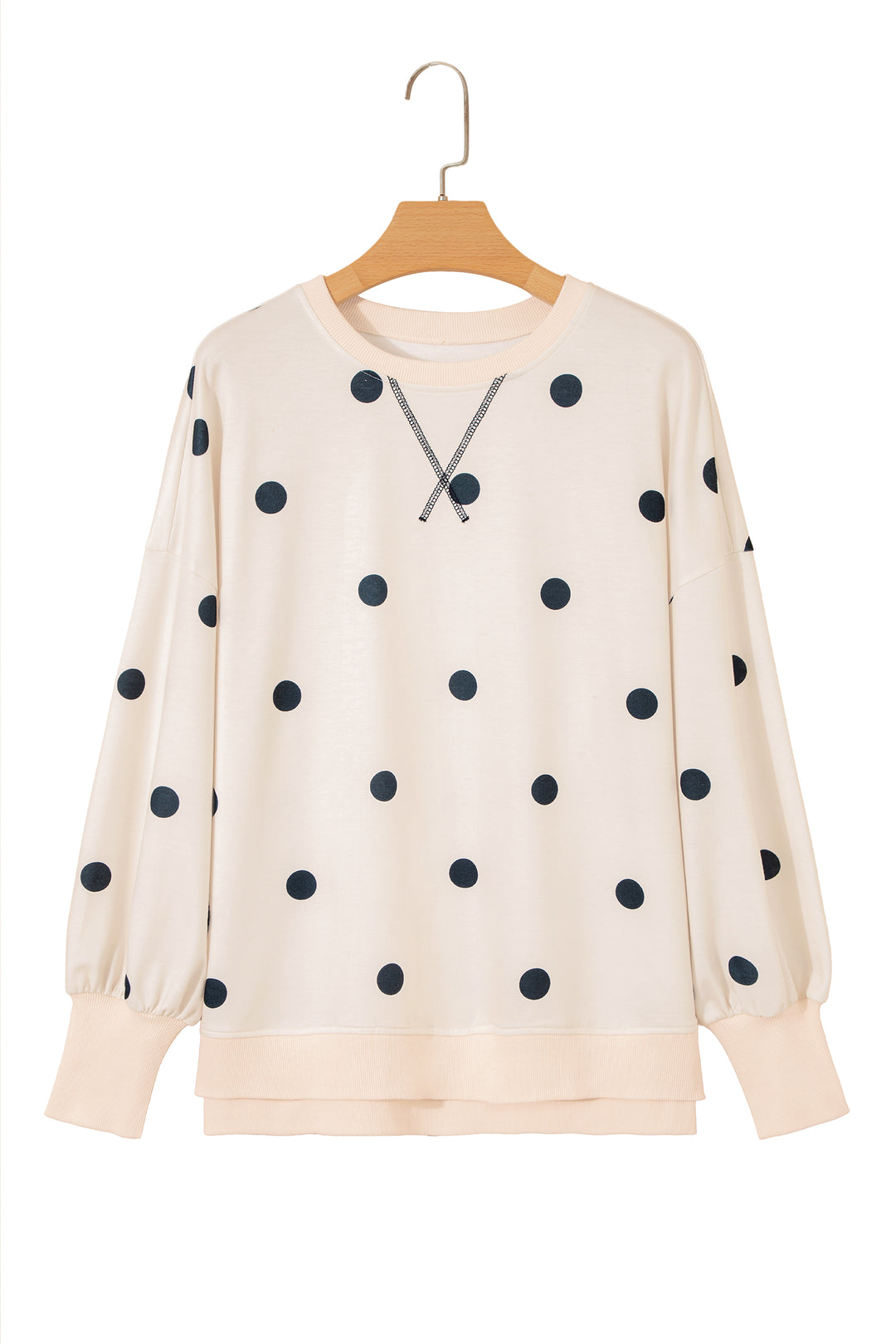 Beige Polka Dot Loose Long Sleeve Split Hem Pullover Top