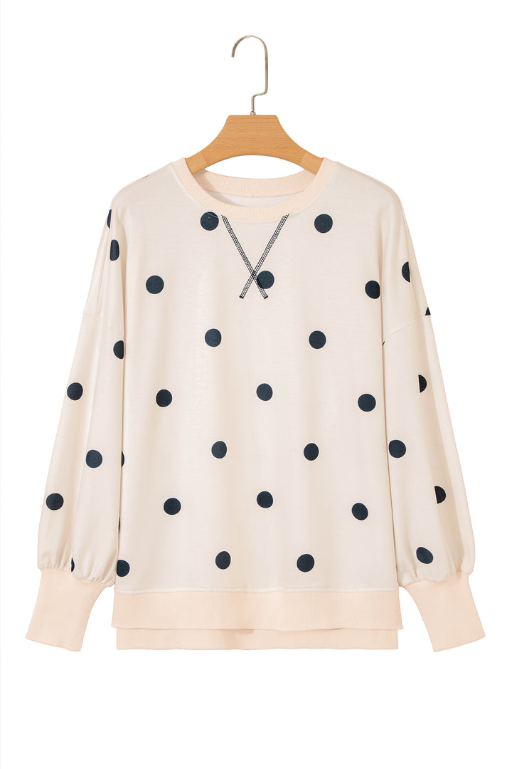 Beige Polka Dot Loose Long Sleeve Split Hem Pullover Top