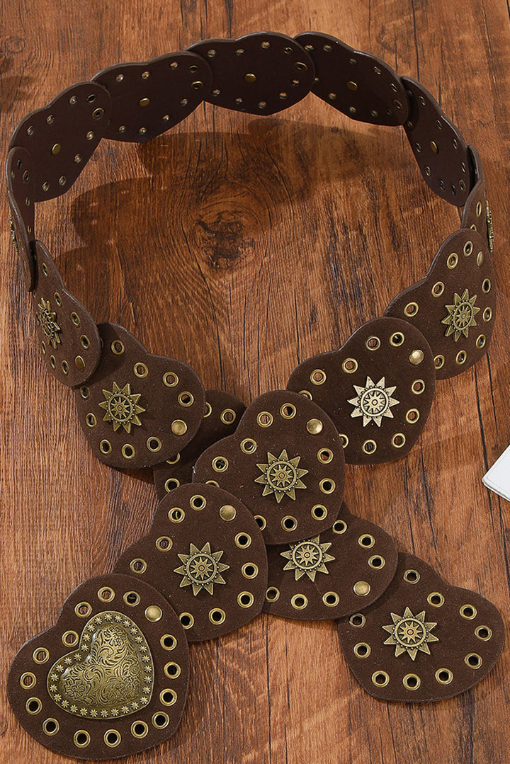 Ceinture bohème vintage en PU avec détails en bronze et cœur connecté