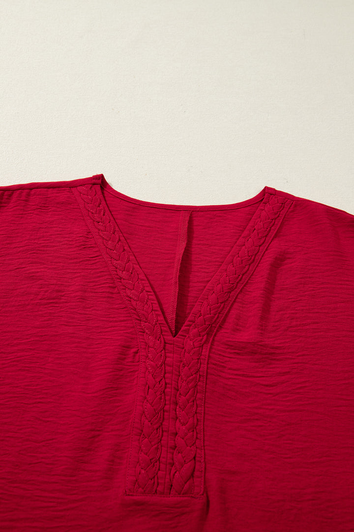 Braided Trim V Neck Half Sleeve Blouse