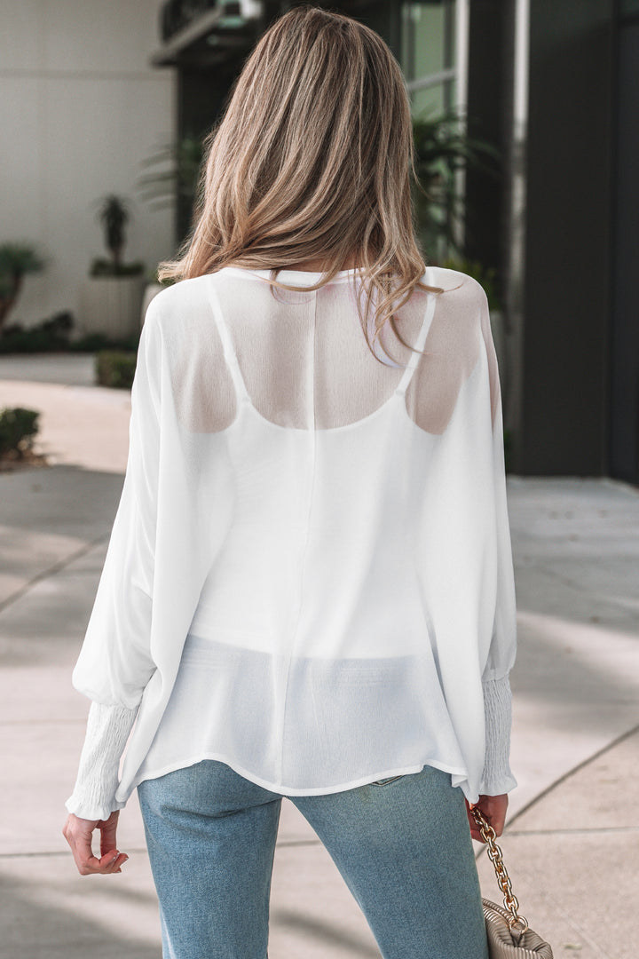Smocked Cuffs Semi Sheer Long Sleeve Dolman Blouse