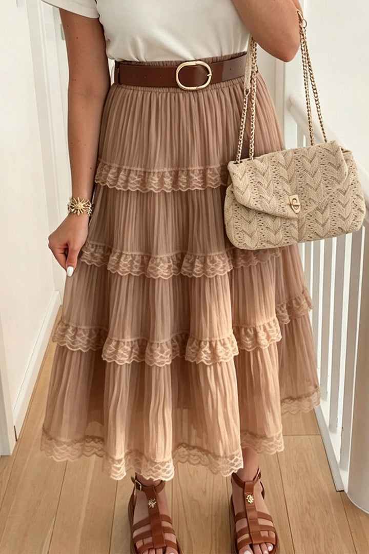 Smoke Gray Pleated Tiered Lace Trim Maxi Skirt