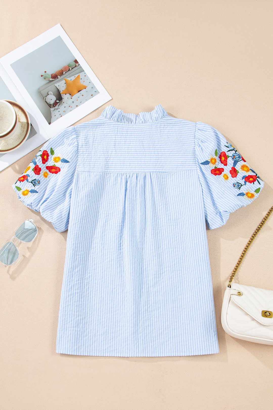 Sky Blue Stripe Floral Embroidered Puff Sleeve Ruffle Trim Shirt