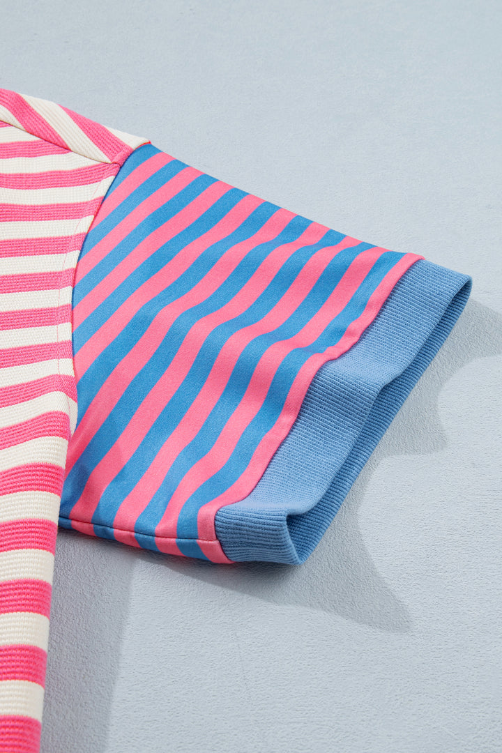 Pink Stripe Contrast Patchwork Short Sleeve Loose Tee