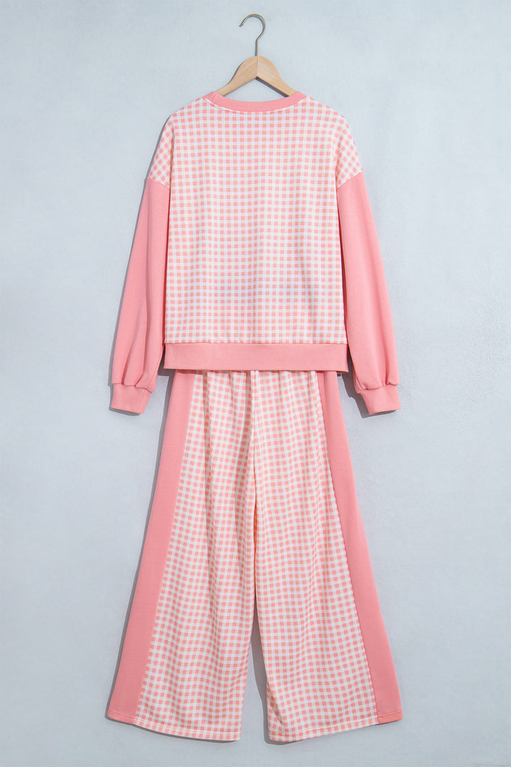 Pink Color Block Plaid Patchwork Long Sleeve Pullover Wide Leg Pant Set