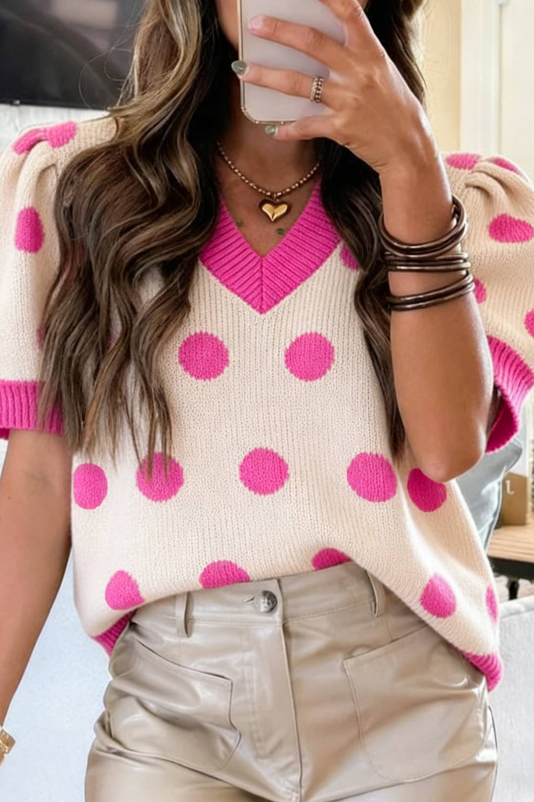 Pink Polka Dot Puff Short Sleeve Sweater Top