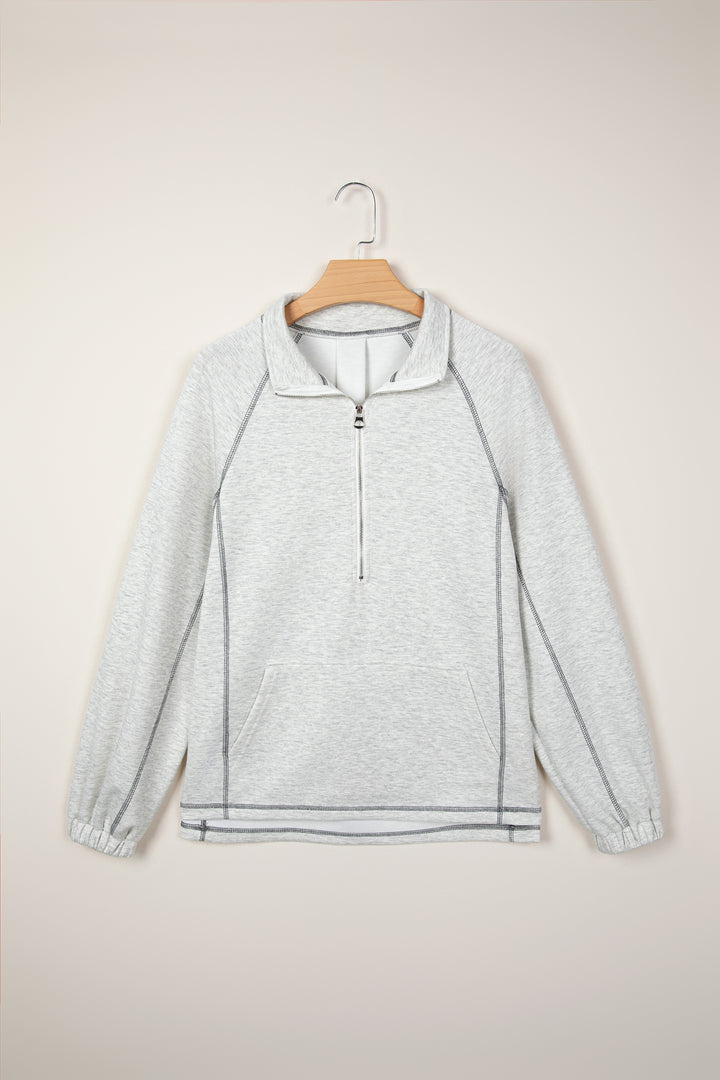 Light Grey Half Zip Stand Neck Seam Detail Long Sleeve Top