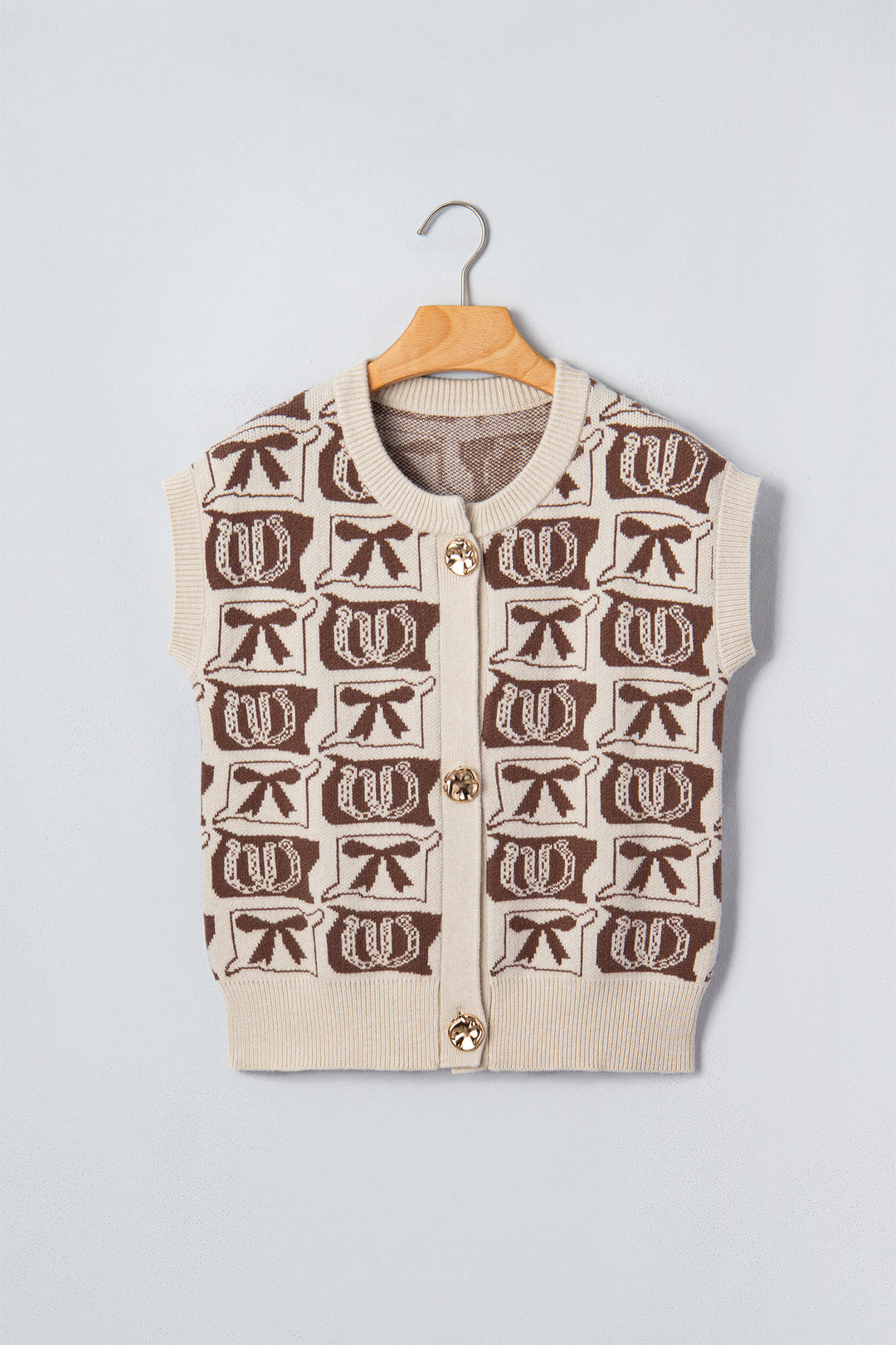 Brown Western Horseshoe Bow Pattern Sleeveless Knit Sweater