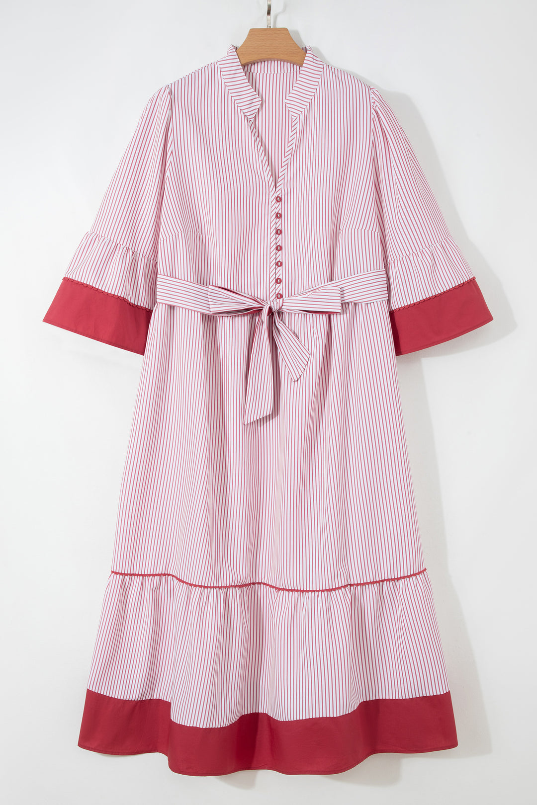 Red Stripe Plus Size Ruffled Hem Pinstriped Midi Dress